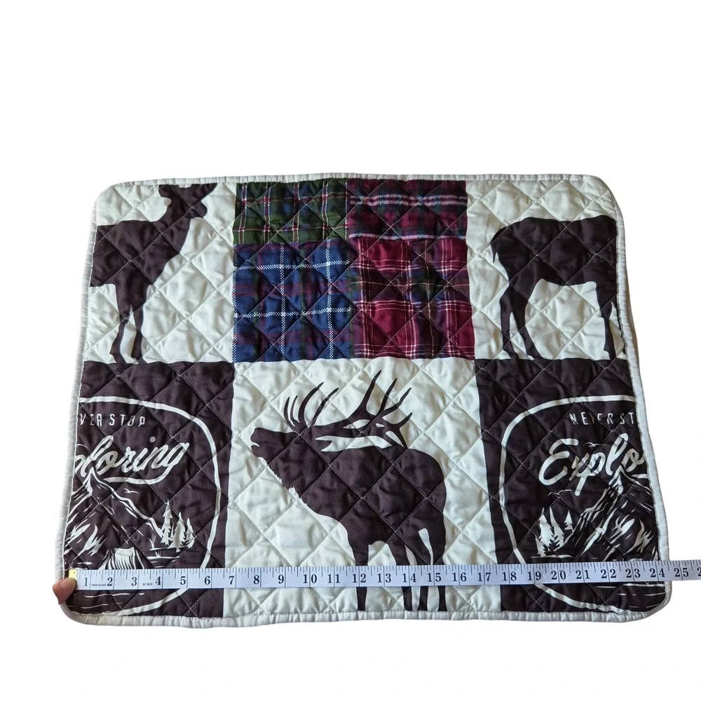 Rustic Lodge Elk Plaid Patchwork Quilted Pillow Sham Set of 2 Brown Cream 25x19